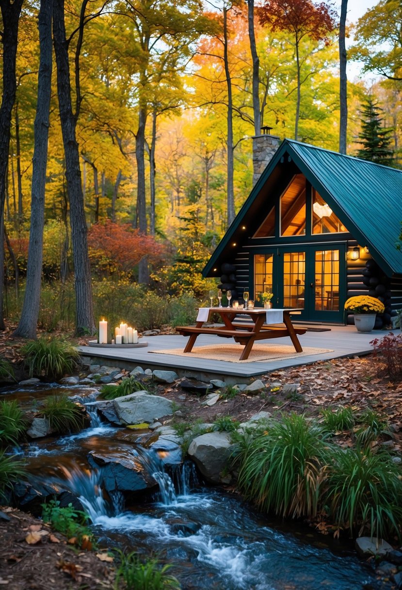 A cozy cabin nestled in a forest clearing, surrounded by vibrant fall foliage and a bubbling stream. A picnic table set with candles and champagne awaits on the porch