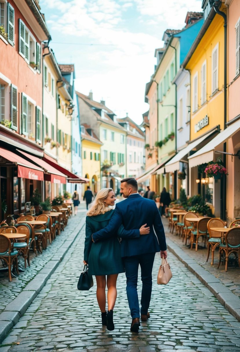 A couple strolls through a charming cobblestone street lined with colorful buildings, bustling cafes, and quaint shops in a picturesque European town