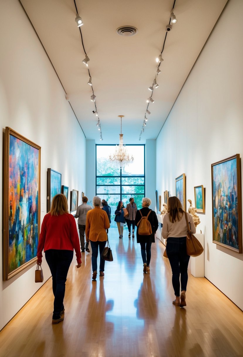 Vibrant paintings and sculptures fill the spacious gallery, bathed in soft natural light. Visitors stroll through the exhibits, admiring the diverse range of artistic expressions