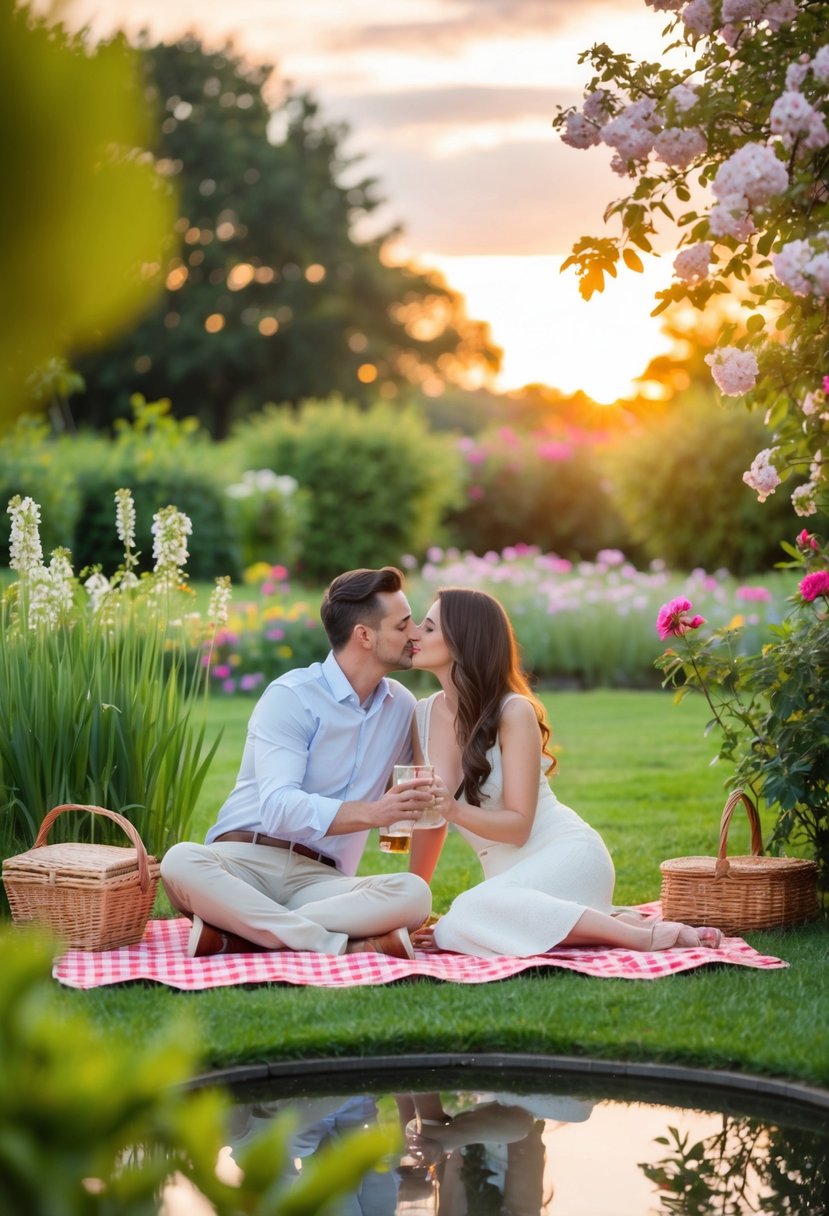 A couple enjoys a romantic picnic in a lush garden, surrounded by blooming flowers and a serene pond. The sun sets in the background, casting a warm glow over the scene