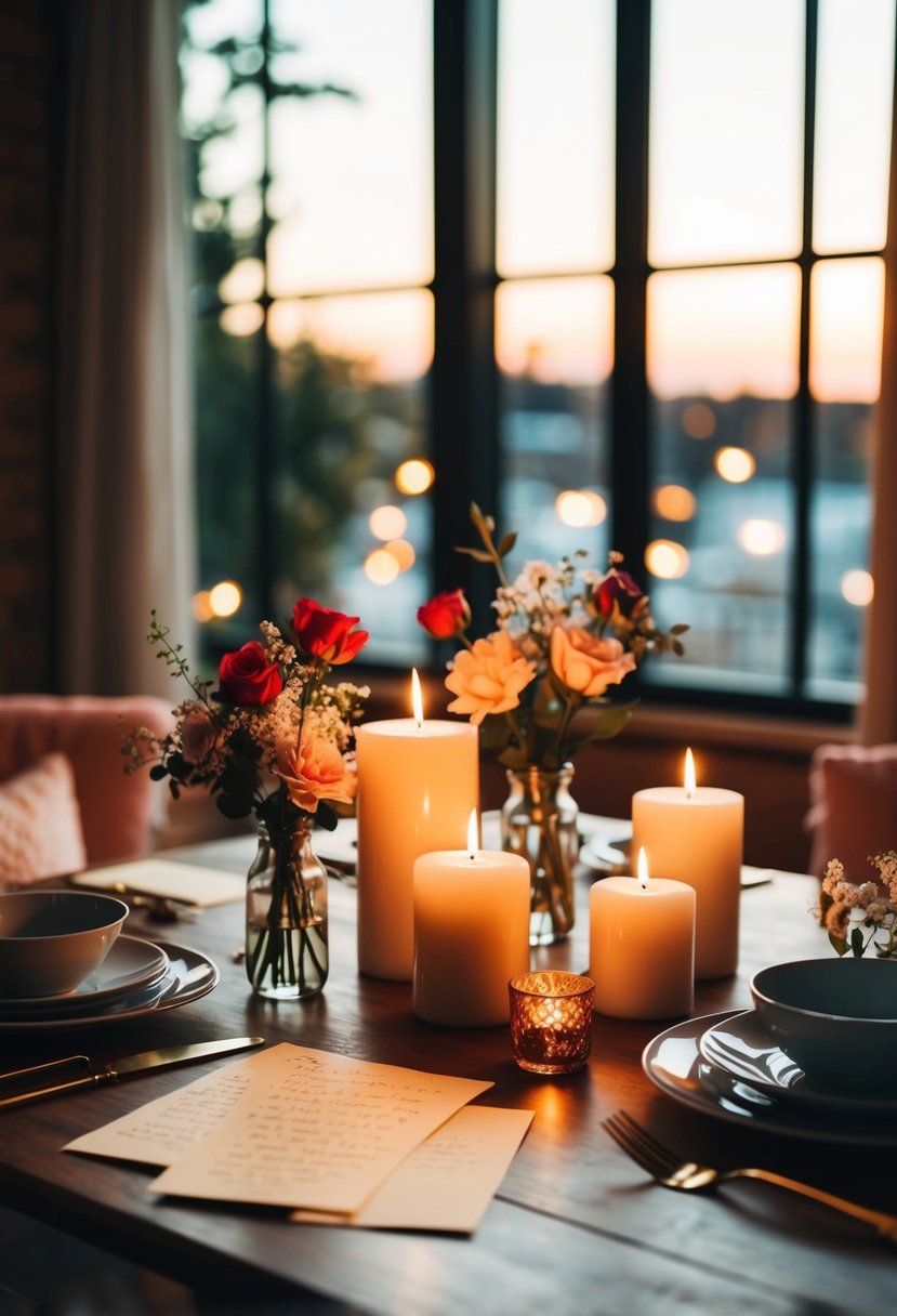 A cozy table set with candles, flowers, and love letters scattered around