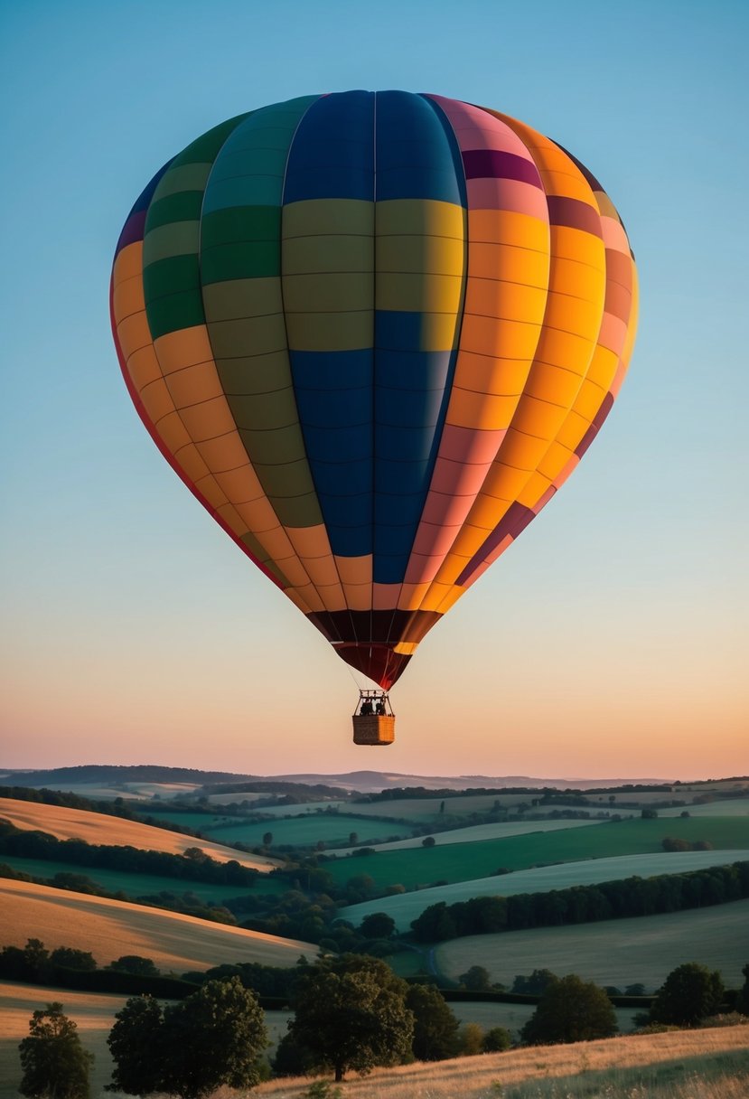 A colorful hot air balloon floats gracefully over a picturesque landscape, with rolling hills and a serene sunset in the background