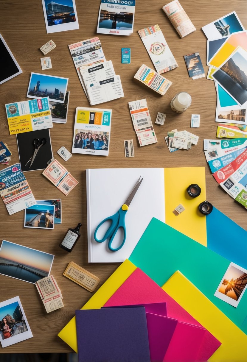 A table scattered with photos, ticket stubs, and mementos. A pair of scissors, glue, and colorful paper ready to assemble a scrapbook