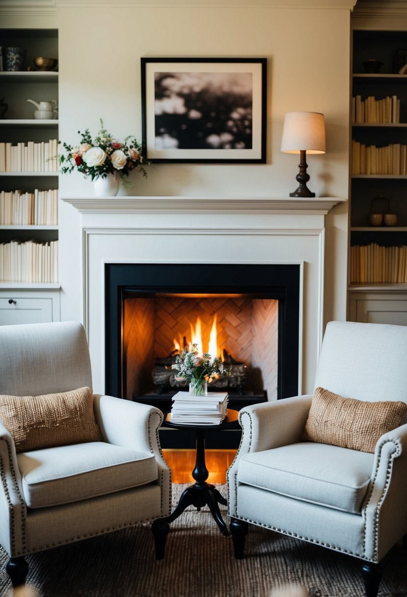 A cozy living room with a fireplace, two armchairs facing each other, a small table with a vase of flowers, and a stack of handwritten letters