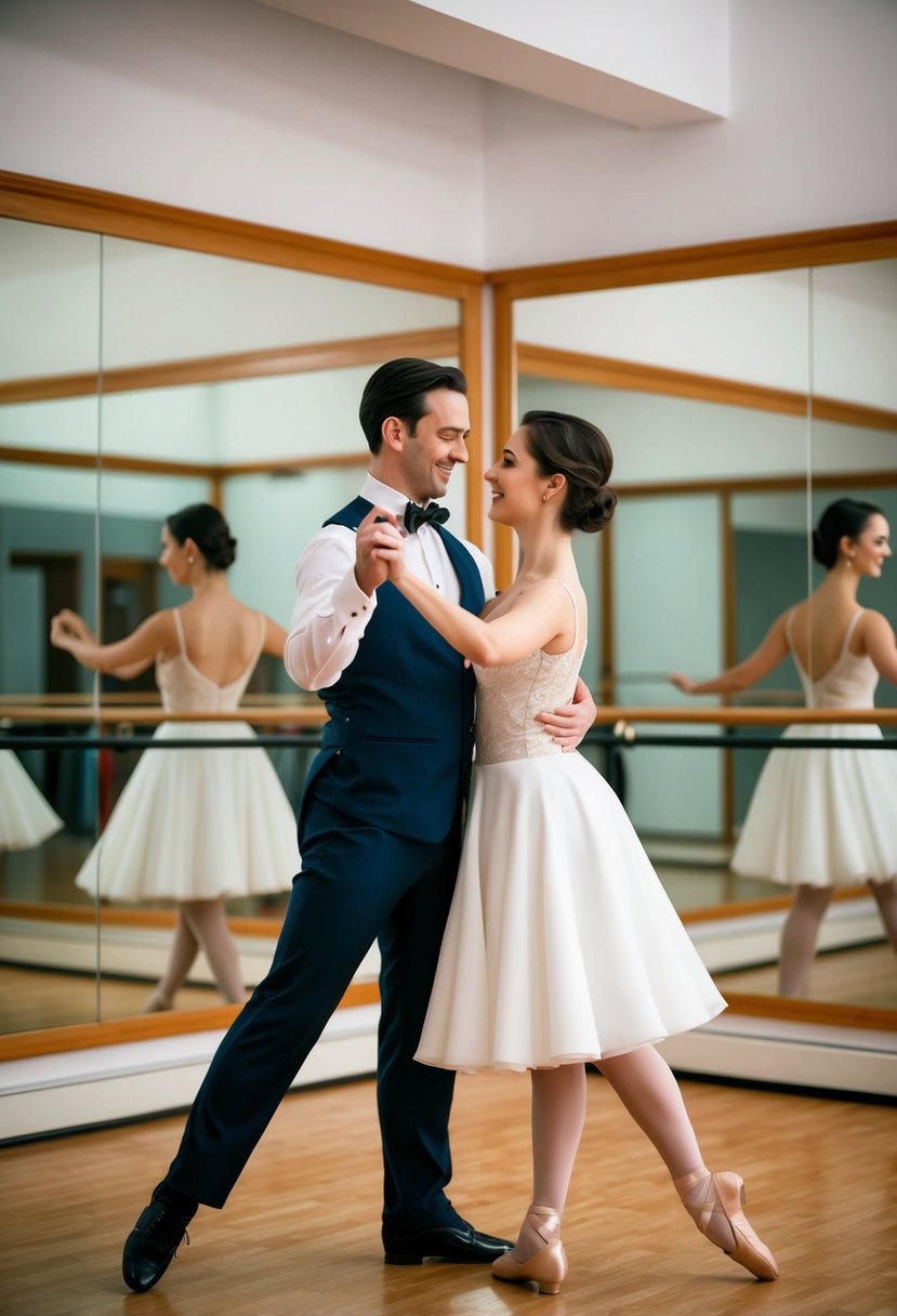 A couple in a dance studio, surrounded by mirrors and ballet bars, learning a romantic waltz for their anniversary