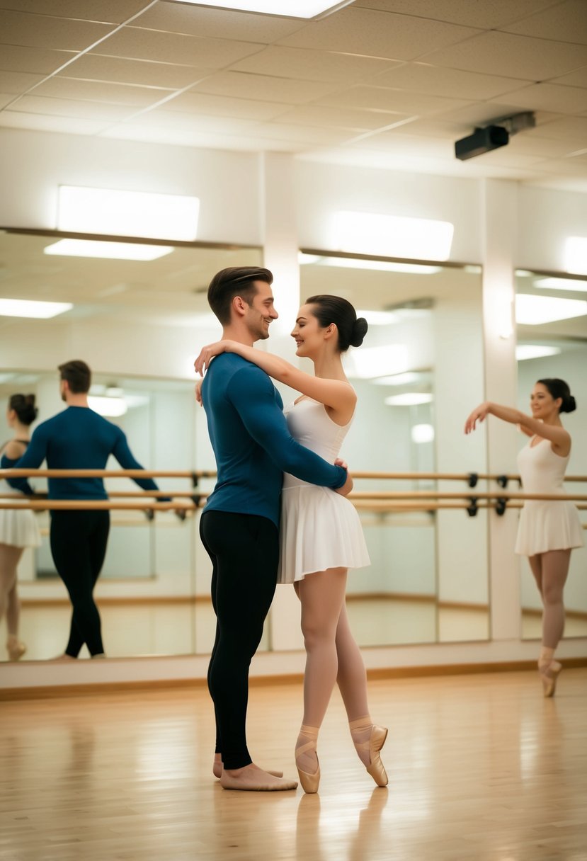 A couple gracefully moves in sync, surrounded by mirrors and ballet bars in a spacious dance studio