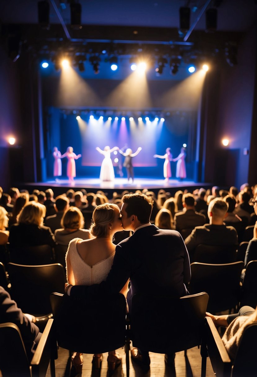 A couple sits in a dimly lit theater, surrounded by other audience members. The stage is illuminated, with performers in the spotlight