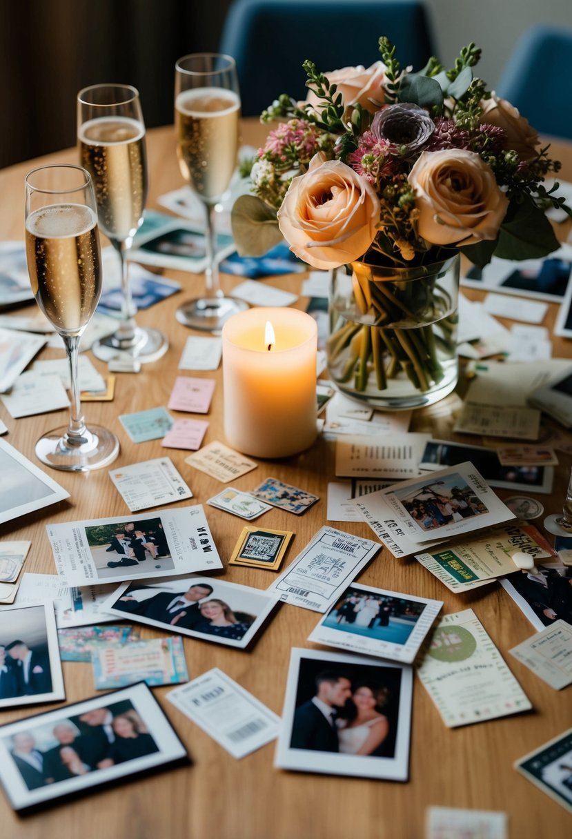 A table scattered with photos, ticket stubs, and mementos. A pair of champagne glasses, a bouquet of flowers, and a candle create a romantic atmosphere