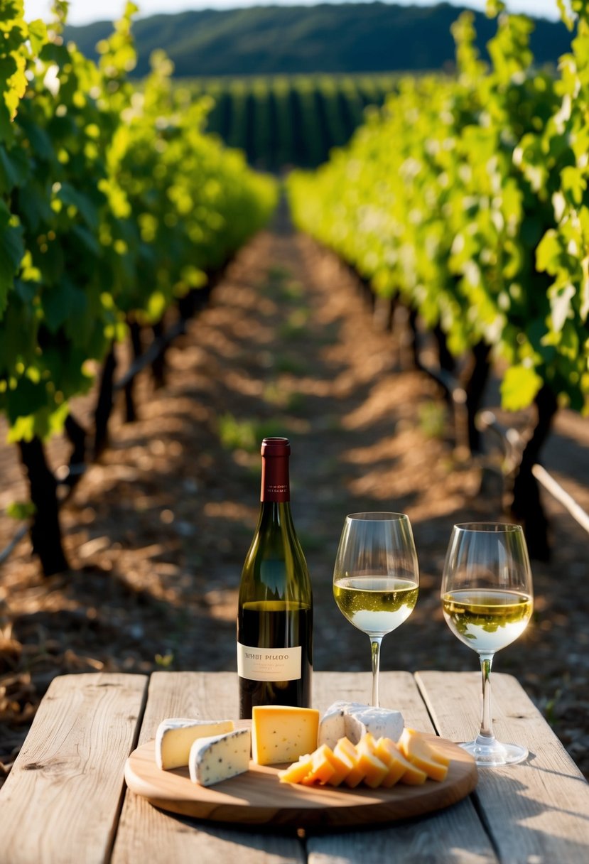 A rustic vineyard with rows of grapevines, a wooden tasting table with wine glasses, and a platter of assorted cheeses