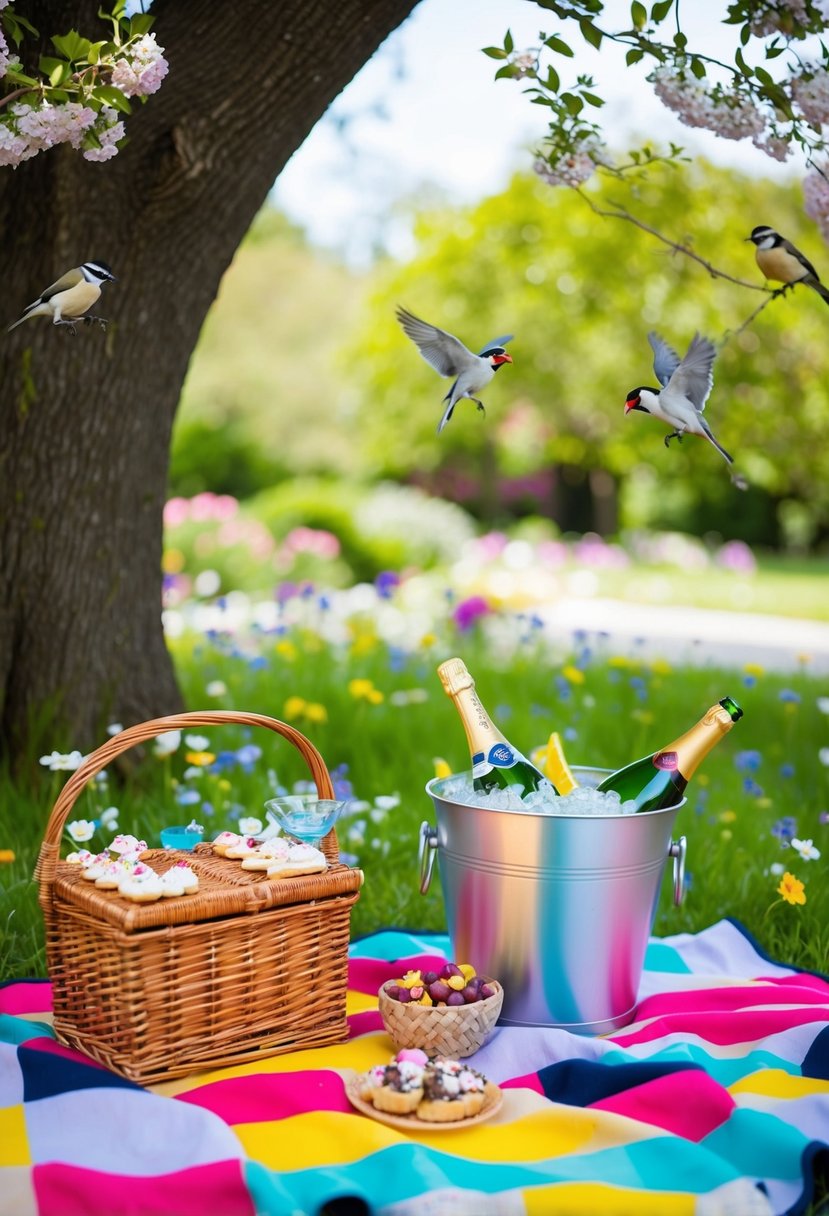 A colorful picnic blanket spread under a shady tree, surrounded by blooming flowers and chirping birds, with a wicker basket filled with delicious treats and a bottle of champagne chilling in a bucket