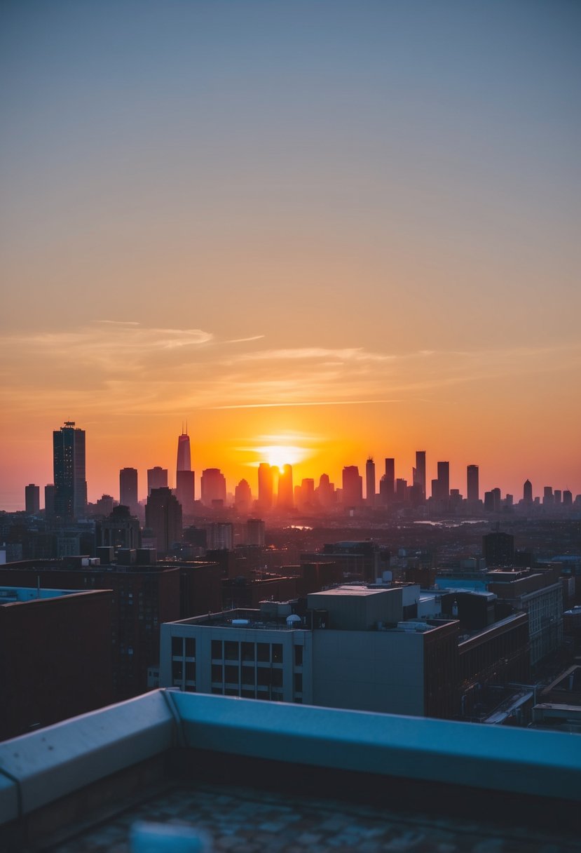 The sun dips below the horizon, casting a warm glow over the city skyline as seen from a rooftop