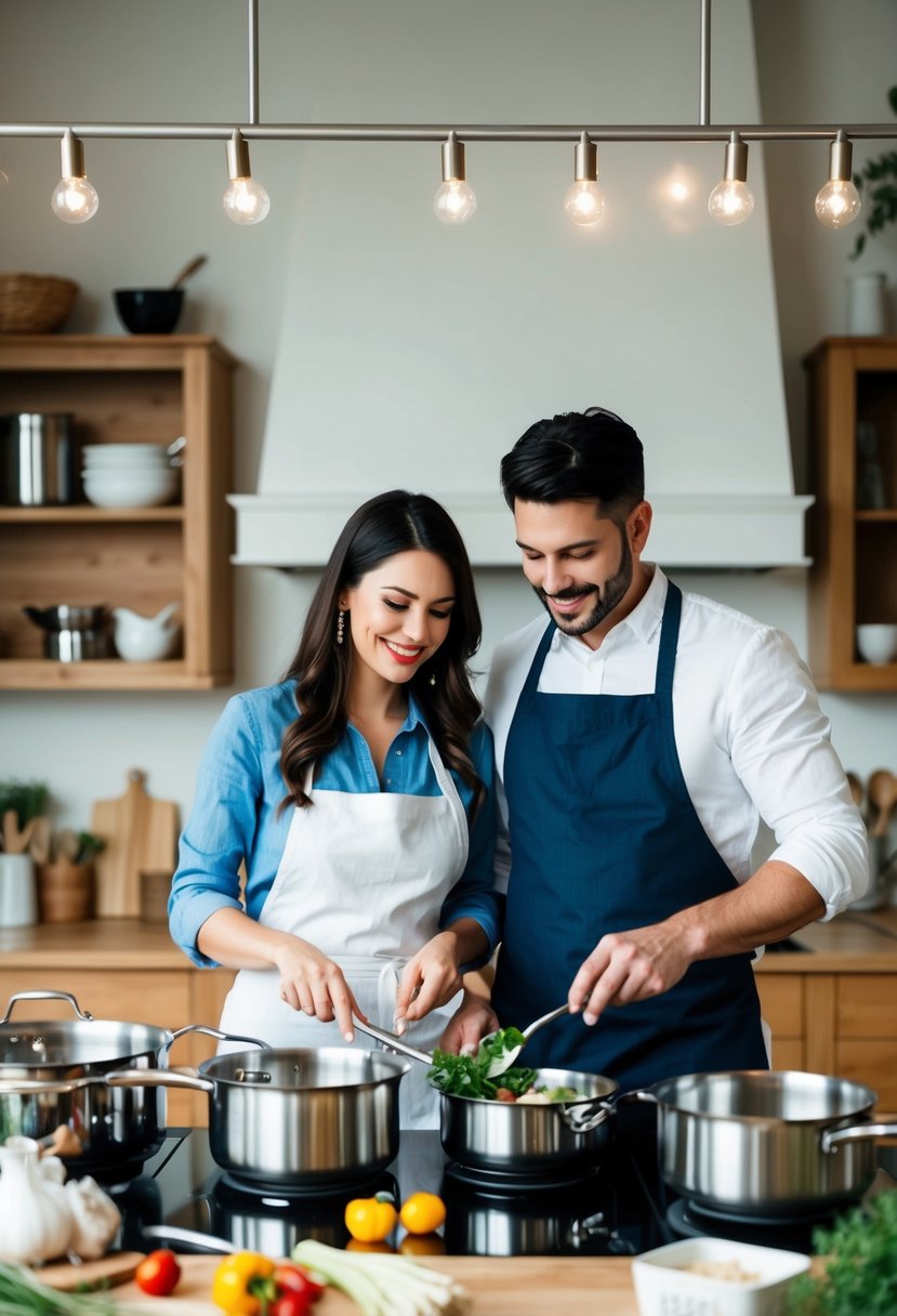 A couple works together in the kitchen, surrounded by pots, pans, and fresh ingredients, following a new recipe for their 10th wedding anniversary celebration