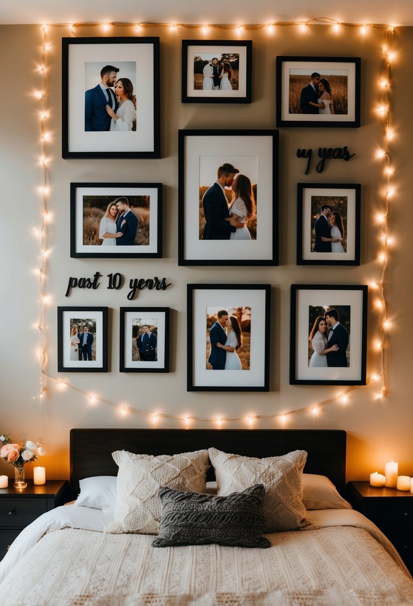 A cozy bedroom with a gallery wall of framed couple photos from the past 10 years, surrounded by soft string lights and romantic candles