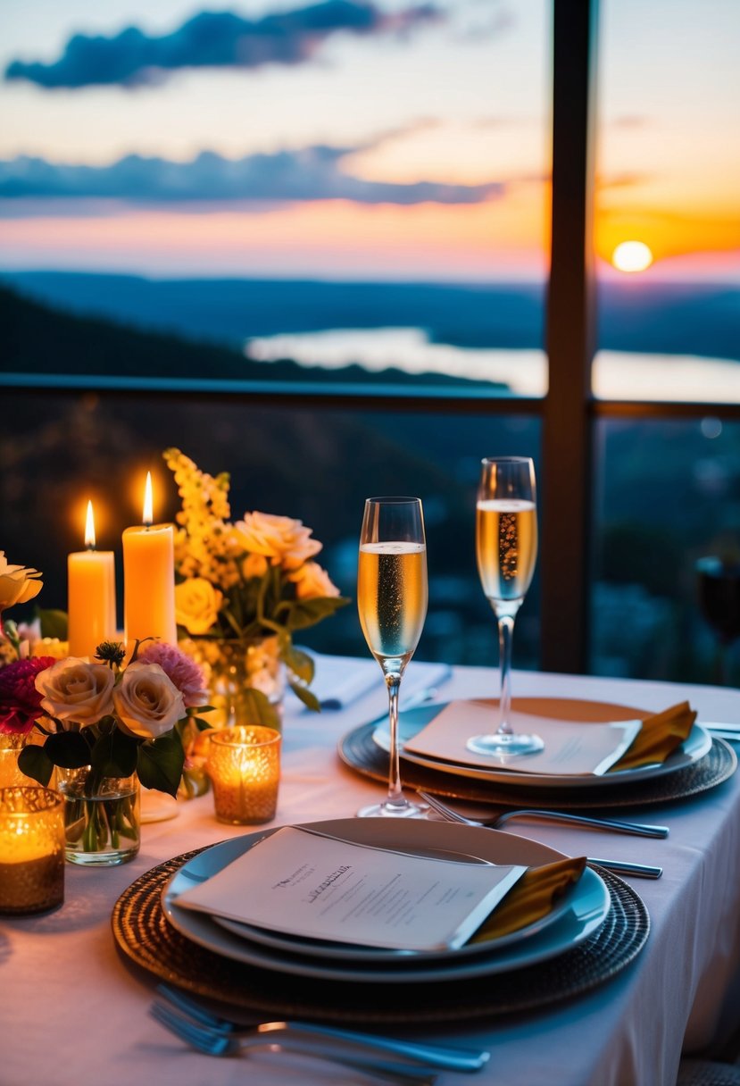 A romantic dinner setting with candles, flowers, and champagne overlooking a scenic sunset