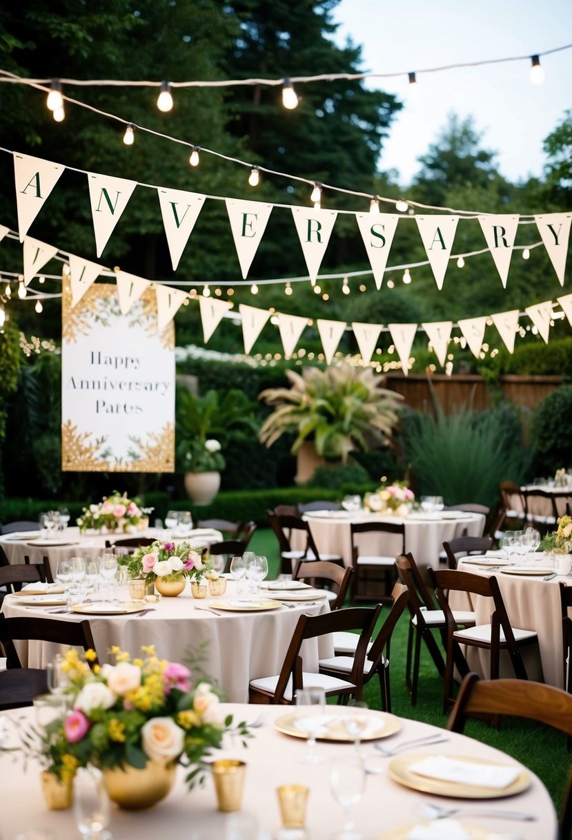 A festive garden party with elegant decorations, string lights, and a large anniversary banner. Tables are adorned with floral centerpieces and golden accents