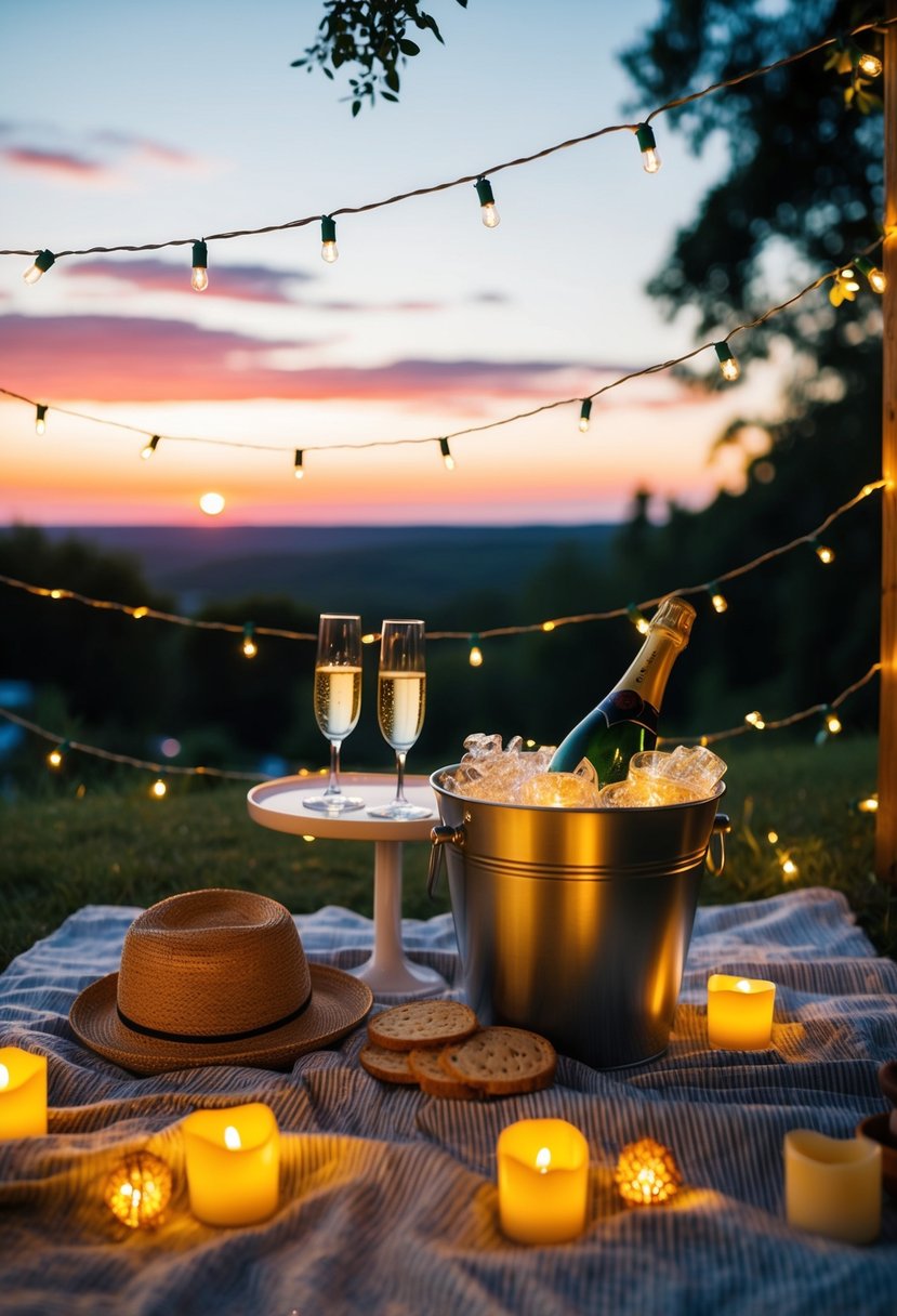 A cozy outdoor picnic with a view of the sunset, surrounded by fairy lights and candles, with a table set for two and a bottle of champagne chilling in a bucket