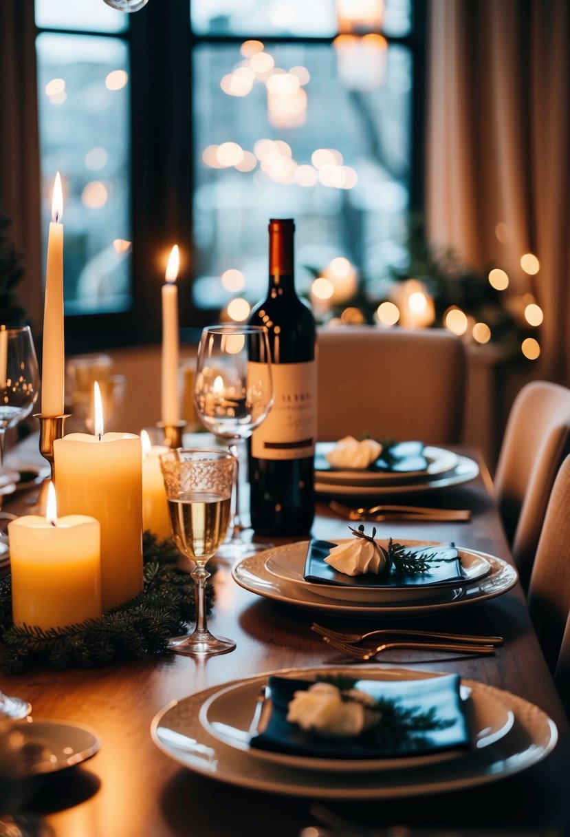 A cozy dining table set with candlelight, elegant dishes, and a bottle of wine