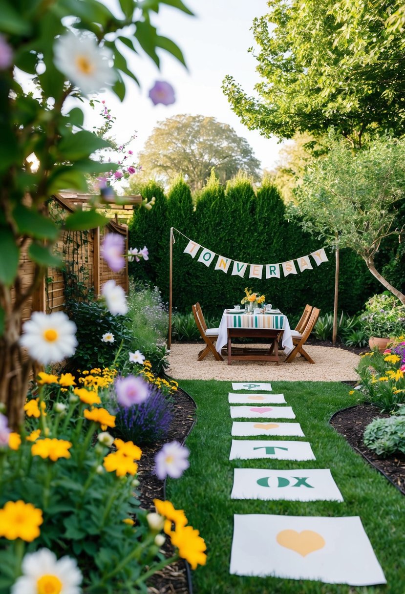 A backyard garden with hidden clues among flowers and trees, leading to a picnic area with a beautifully set table and a "10th anniversary" banner