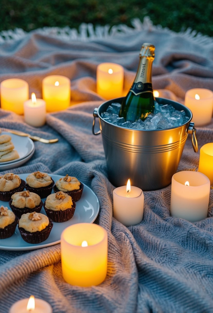 A cozy picnic blanket laid out with homemade treats, surrounded by flickering candles and a bottle of champagne chilling in a bucket of ice