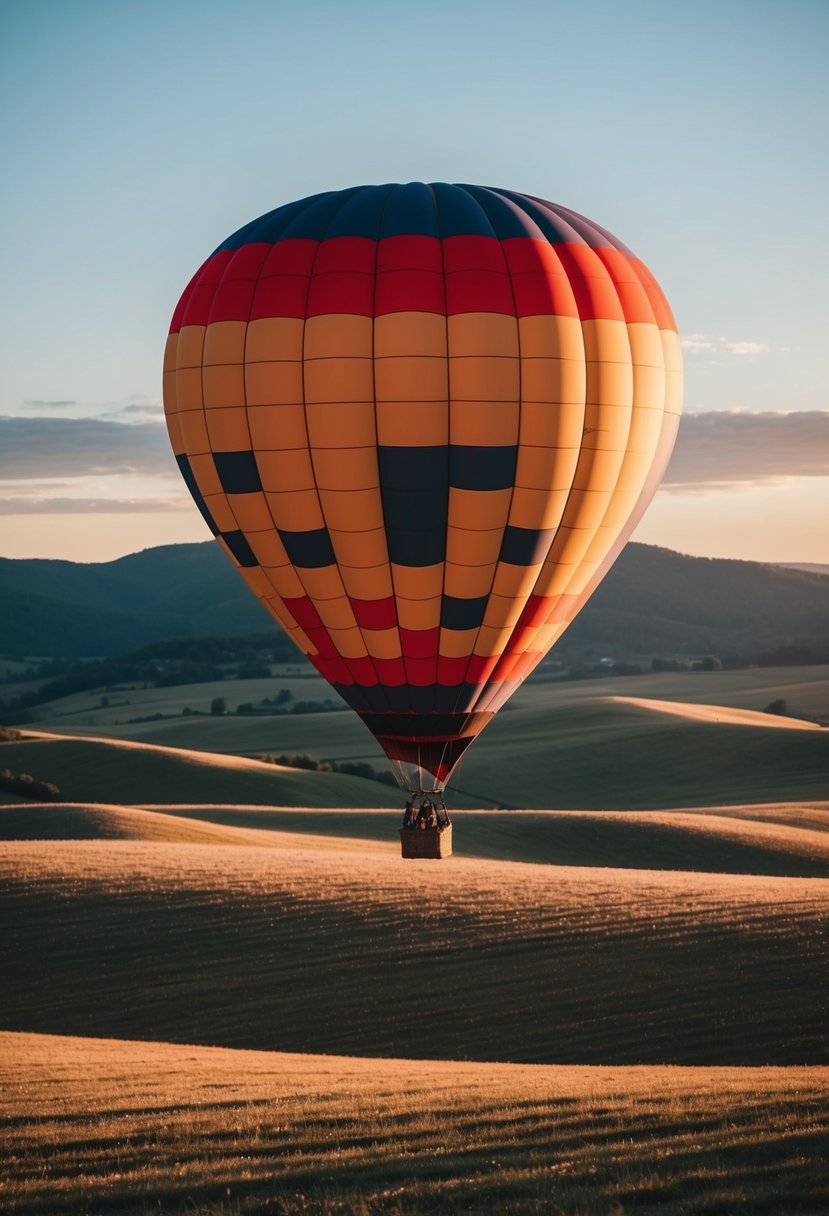 A colorful hot air balloon floats over rolling hills at sunrise