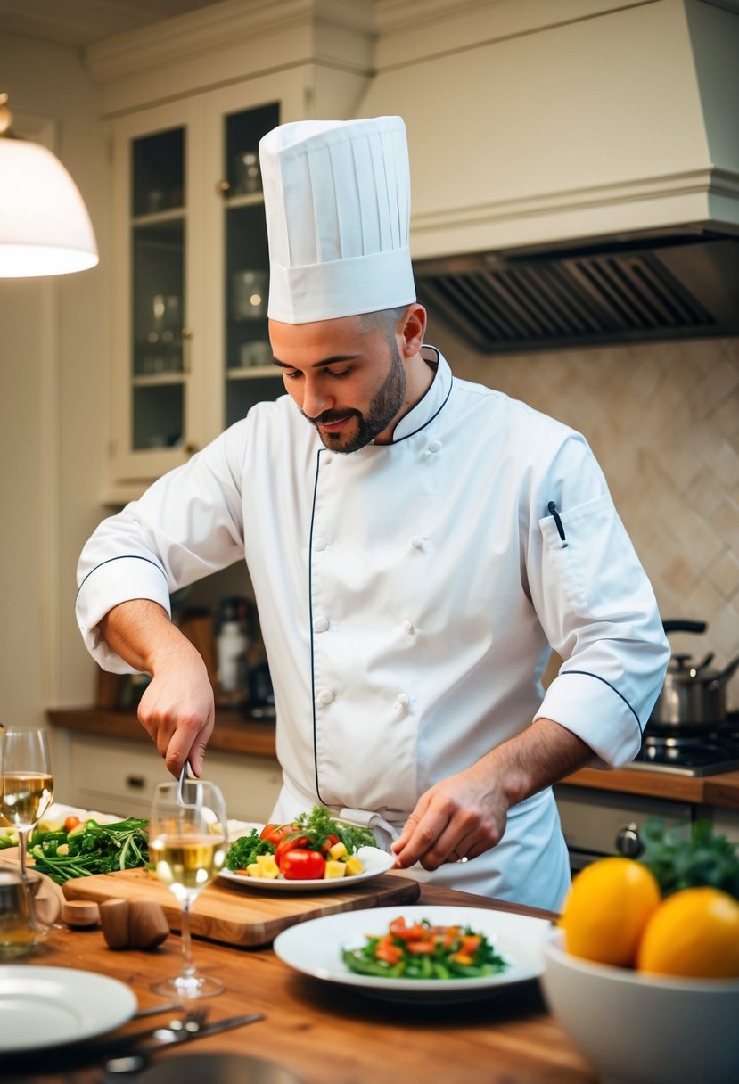 A private chef preparing a romantic dinner in a cozy home kitchen for a 10th wedding anniversary celebration