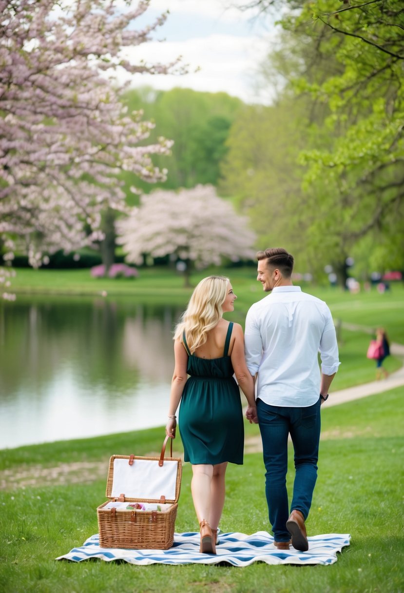 A couple strolling through a park, surrounded by blooming flowers and a serene lake, with a picnic blanket and basket on the grass