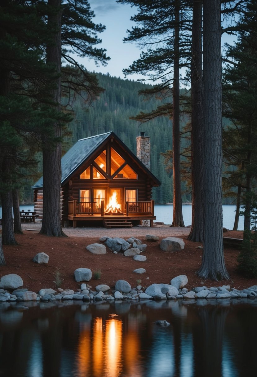 A cozy cabin nestled in the woods, surrounded by tall trees and a serene lake, with a warm fire burning in the fireplace