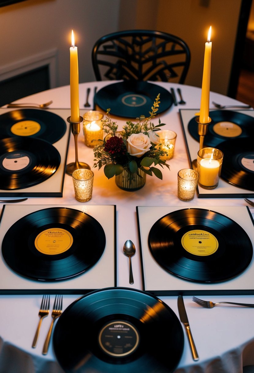 A table set for two with a candlelit dinner, surrounded by 10 framed vinyl records, each representing a meaningful song from the past 10 years