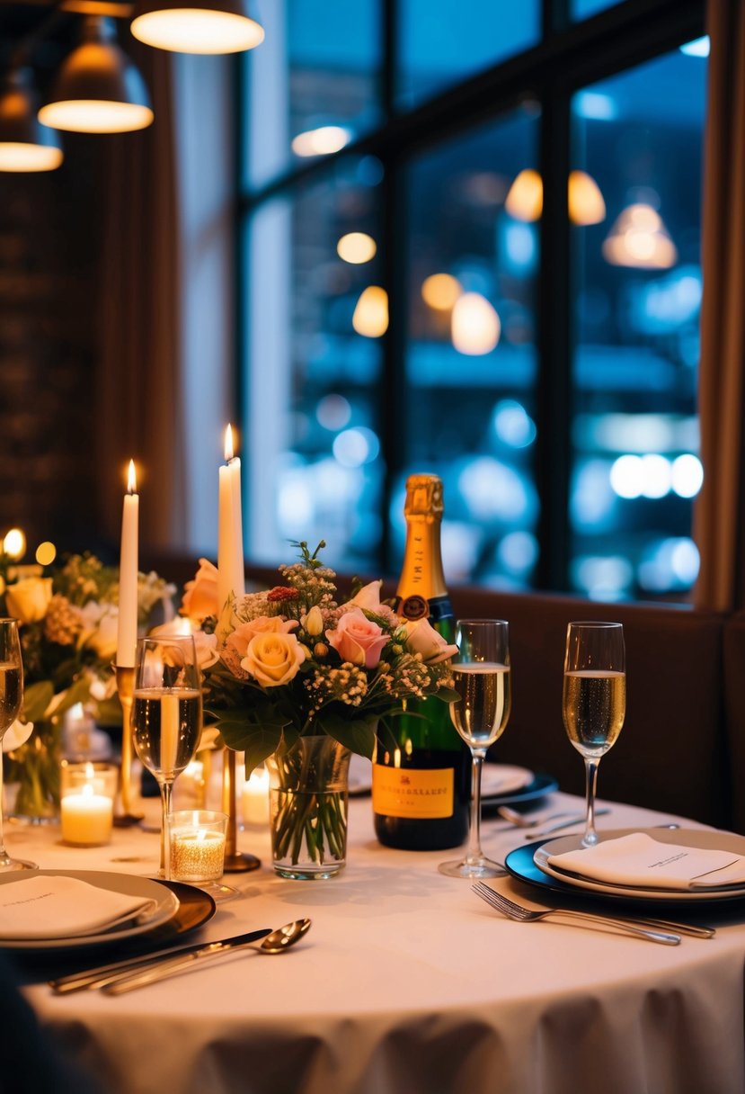 A candlelit dinner at a cozy restaurant, with a bouquet of flowers and a bottle of champagne on the table