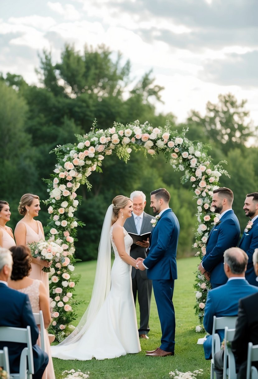 A small outdoor ceremony with a flower-covered arch, surrounded by close family and friends, as the couple exchanges vows