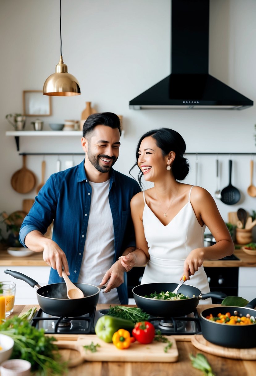 A couple cooks together in a cozy kitchen, surrounded by pots, pans, and fresh ingredients. They are laughing and enjoying each other's company as they celebrate their 8th wedding anniversary