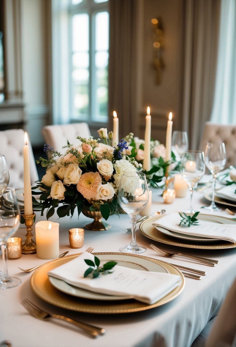 A beautifully set table with elegant dinnerware, candles, and a bouquet of flowers as the centerpiece