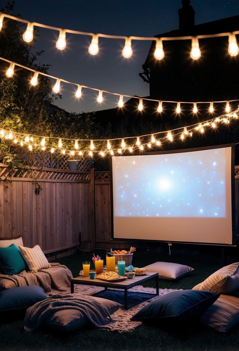 A string of twinkling lights illuminates a backyard adorned with blankets, pillows, and a projector screen. A table is set with snacks and drinks, creating a cozy atmosphere for a movie night under the stars