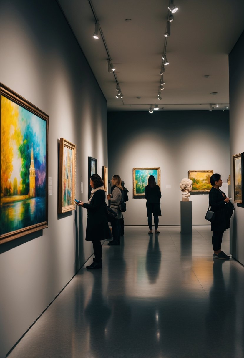 A serene art gallery with dim lighting, showcasing vibrant paintings and sculptures. Soft music plays in the background as visitors quietly admire the artwork