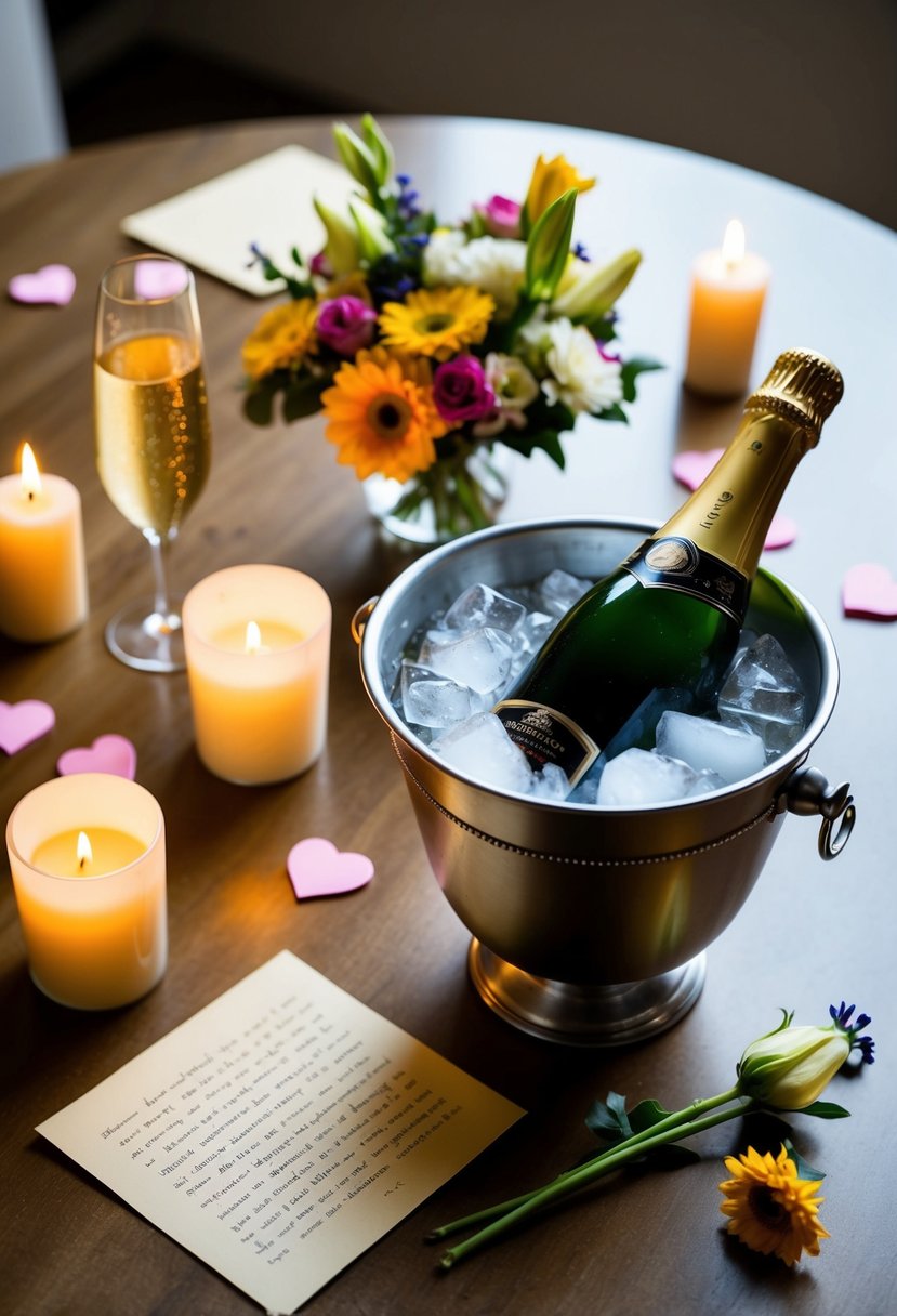 A table set for two with candles, flowers, and love letters scattered across the surface. A bottle of champagne sits chilling in an ice bucket nearby