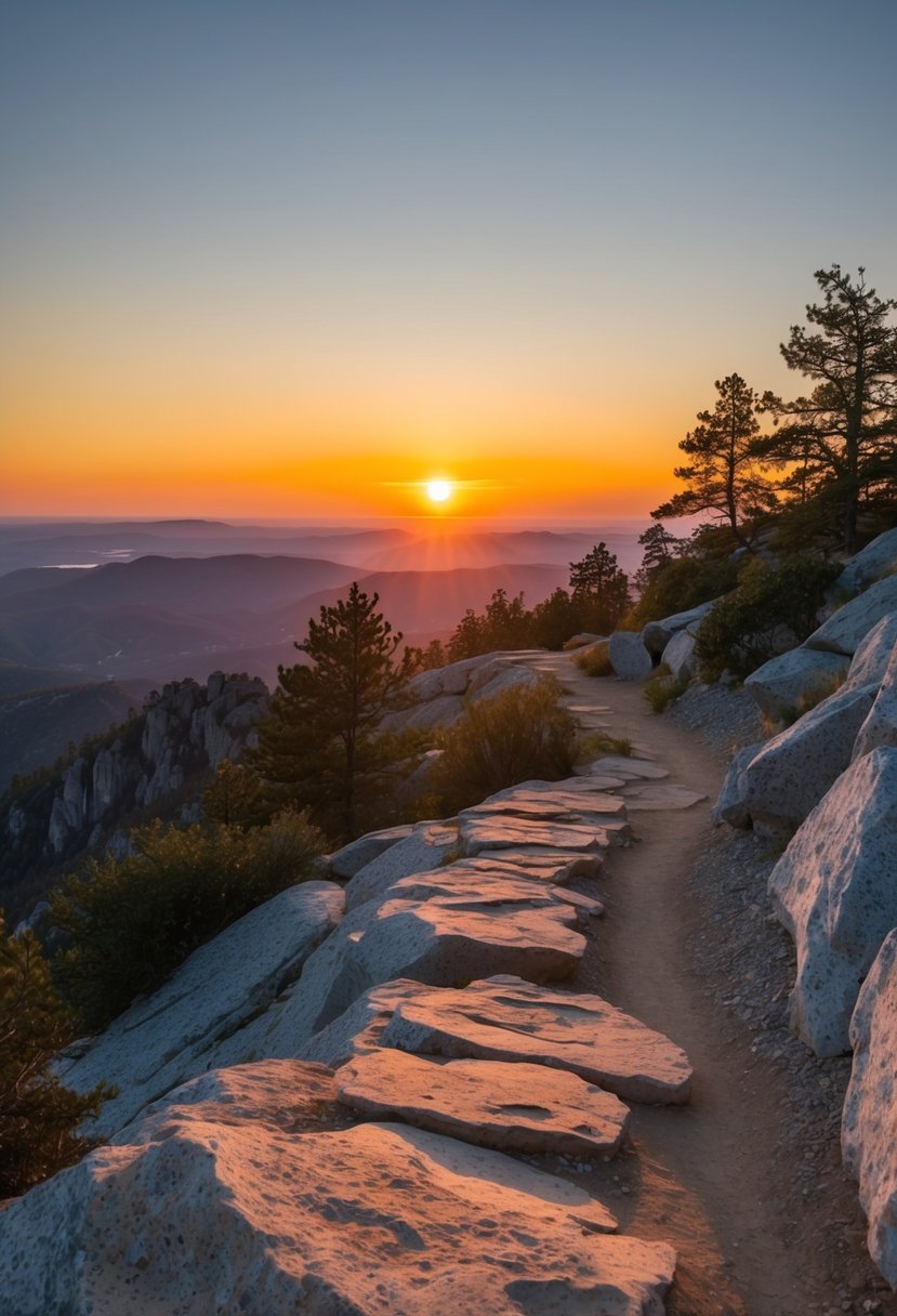 A winding trail leads to a rocky overlook with a panoramic view of the setting sun casting a warm glow over the serene landscape