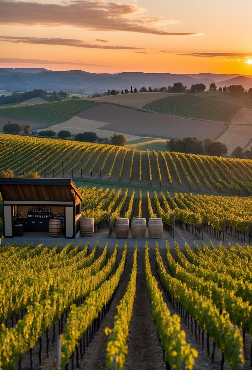 Vineyard tour: rolling hills, rows of grapevines, rustic tasting room, barrels, and a picturesque sunset over the vineyard