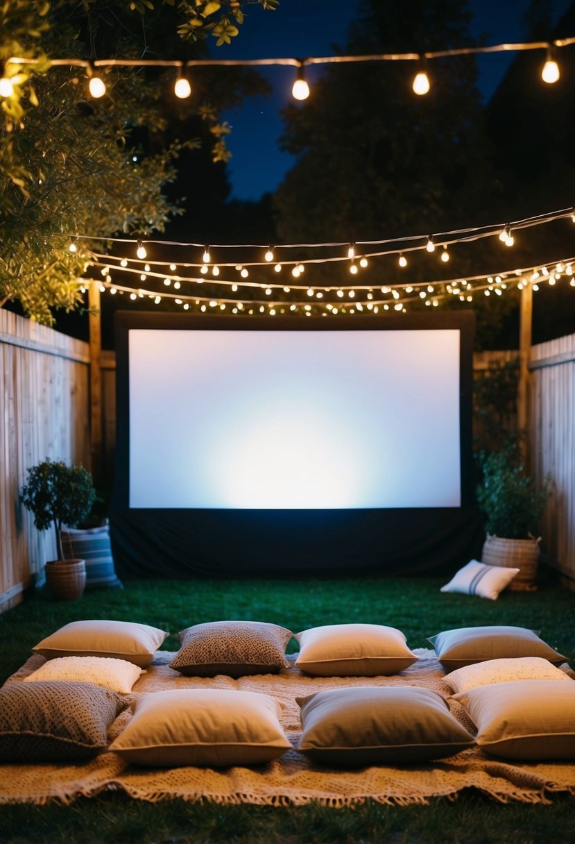 A cozy backyard with a large screen, string lights, blankets, and pillows arranged for a romantic outdoor movie night