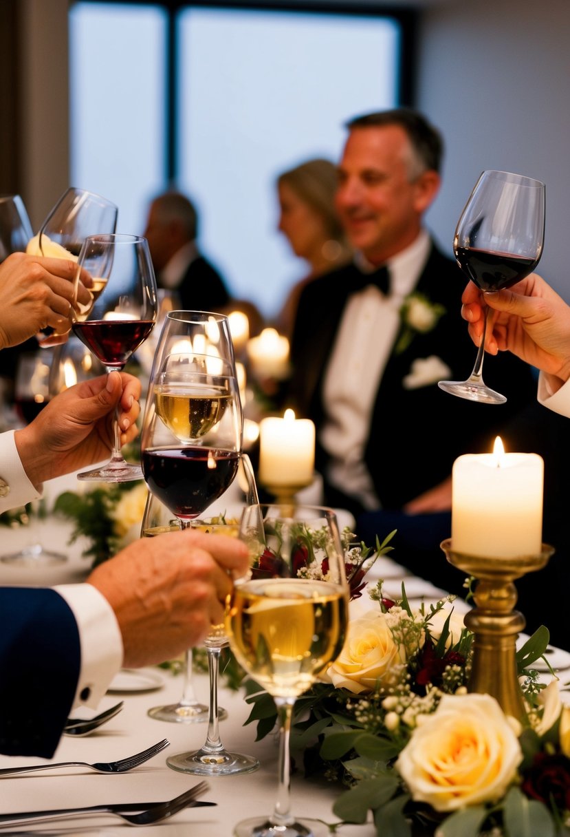 Wine glasses clink as guests sample reds and whites at a 23rd wedding anniversary wine tasting event. Tables are adorned with floral centerpieces and flickering candlelight