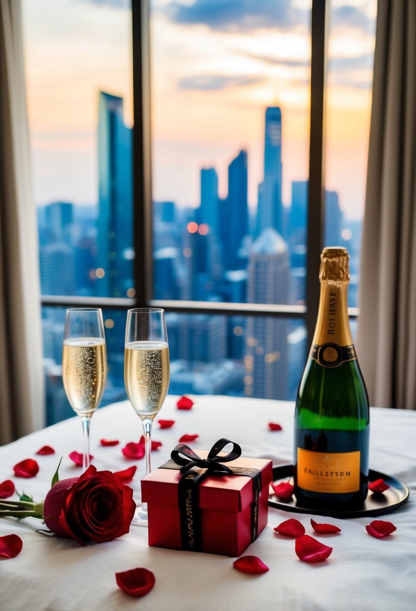 A cozy hotel room with city skyline view, champagne on ice, rose petals on the bed, and a gift box with a ribbon