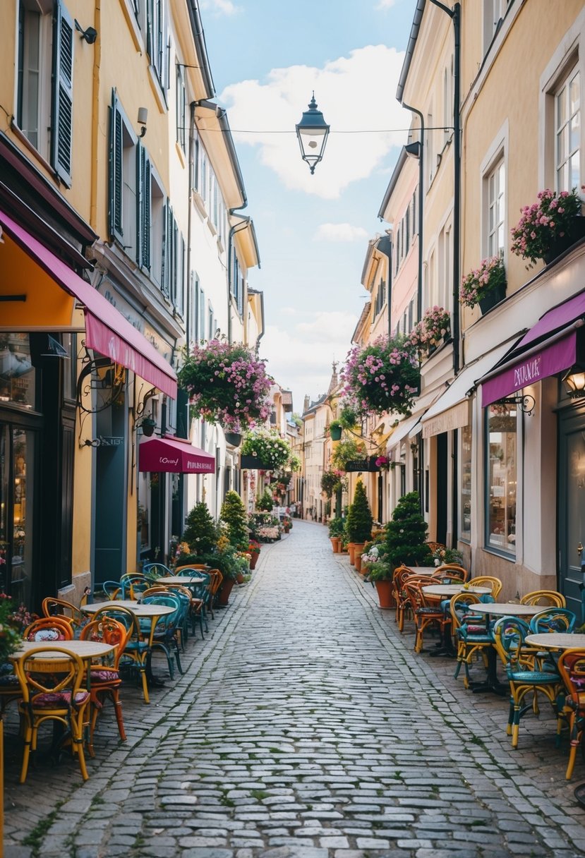 A charming cobblestone street lined with colorful cafes and boutique shops, surrounded by historic architecture and blooming flower gardens