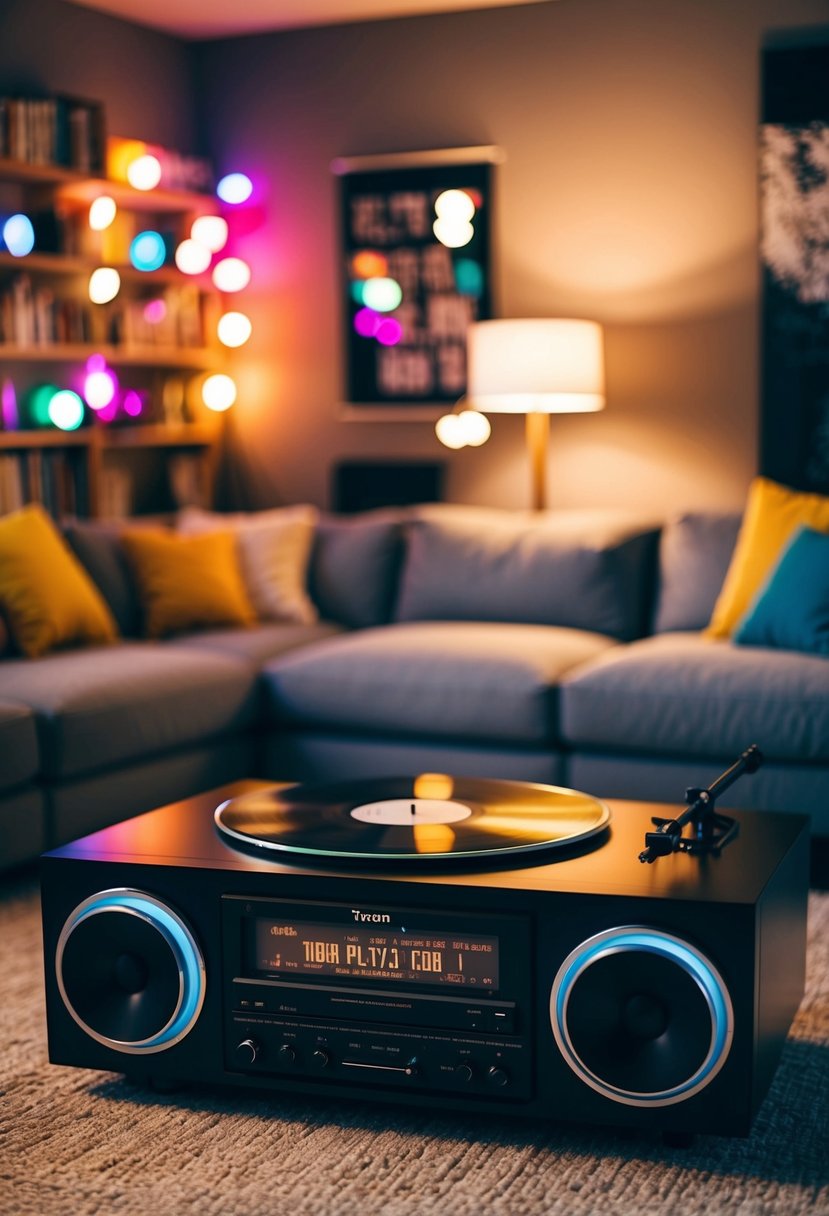 A cozy living room with a stereo playing, colorful lights, and a couple's personalized playlist