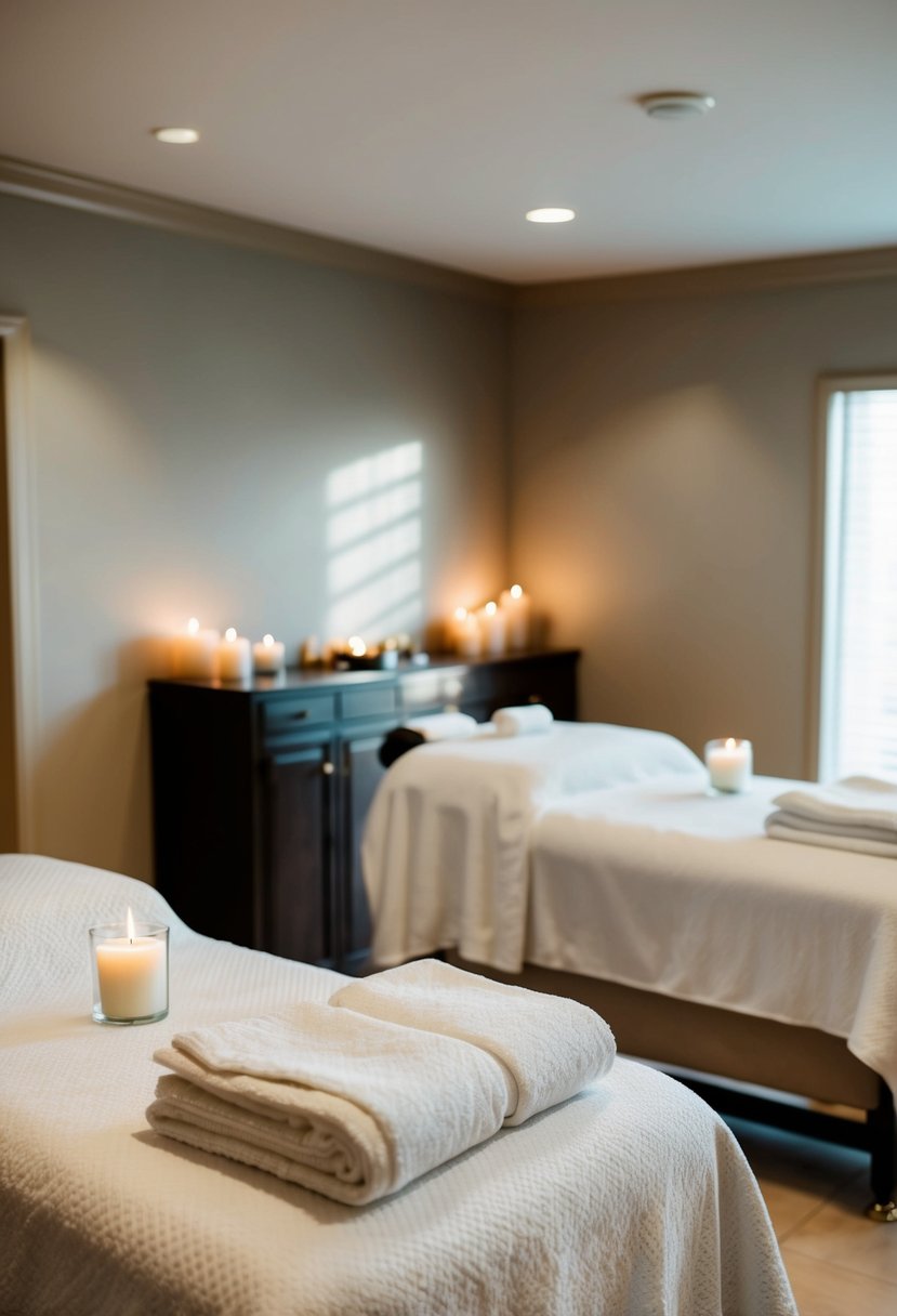 A serene spa room with two massage tables, soft lighting, and soothing music. Aromatherapy candles and plush robes add to the ambiance