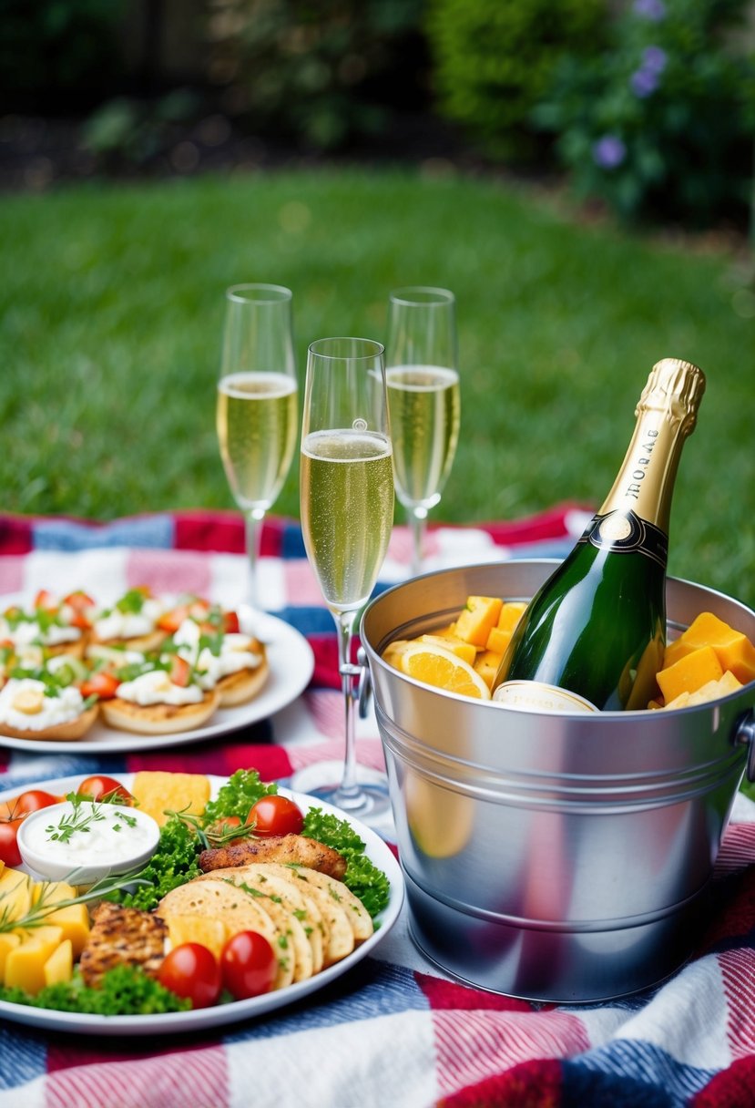 A cozy backyard picnic with a checkered blanket, a spread of delicious food, and a bottle of champagne chilling in a bucket