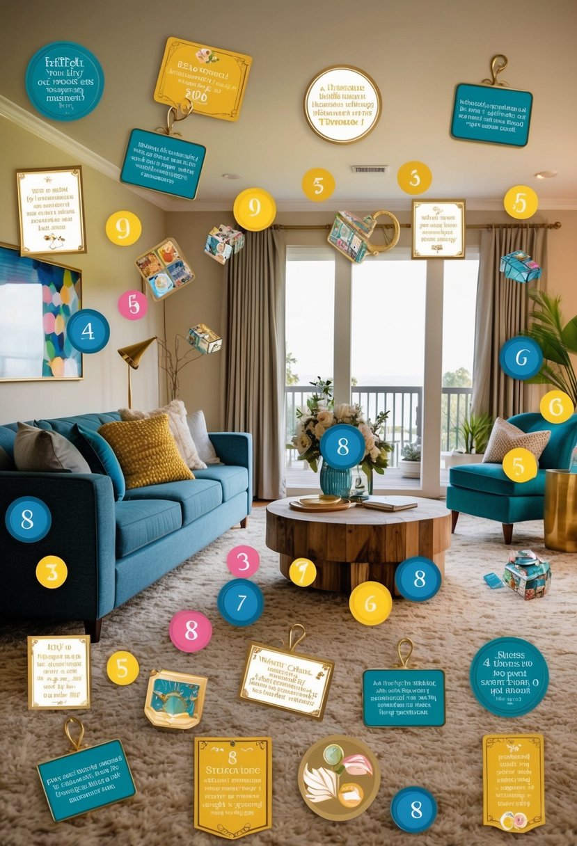 A colorful array of hidden clues and treasures scattered throughout a cozy home, leading to a final surprise for a special 8th wedding anniversary celebration