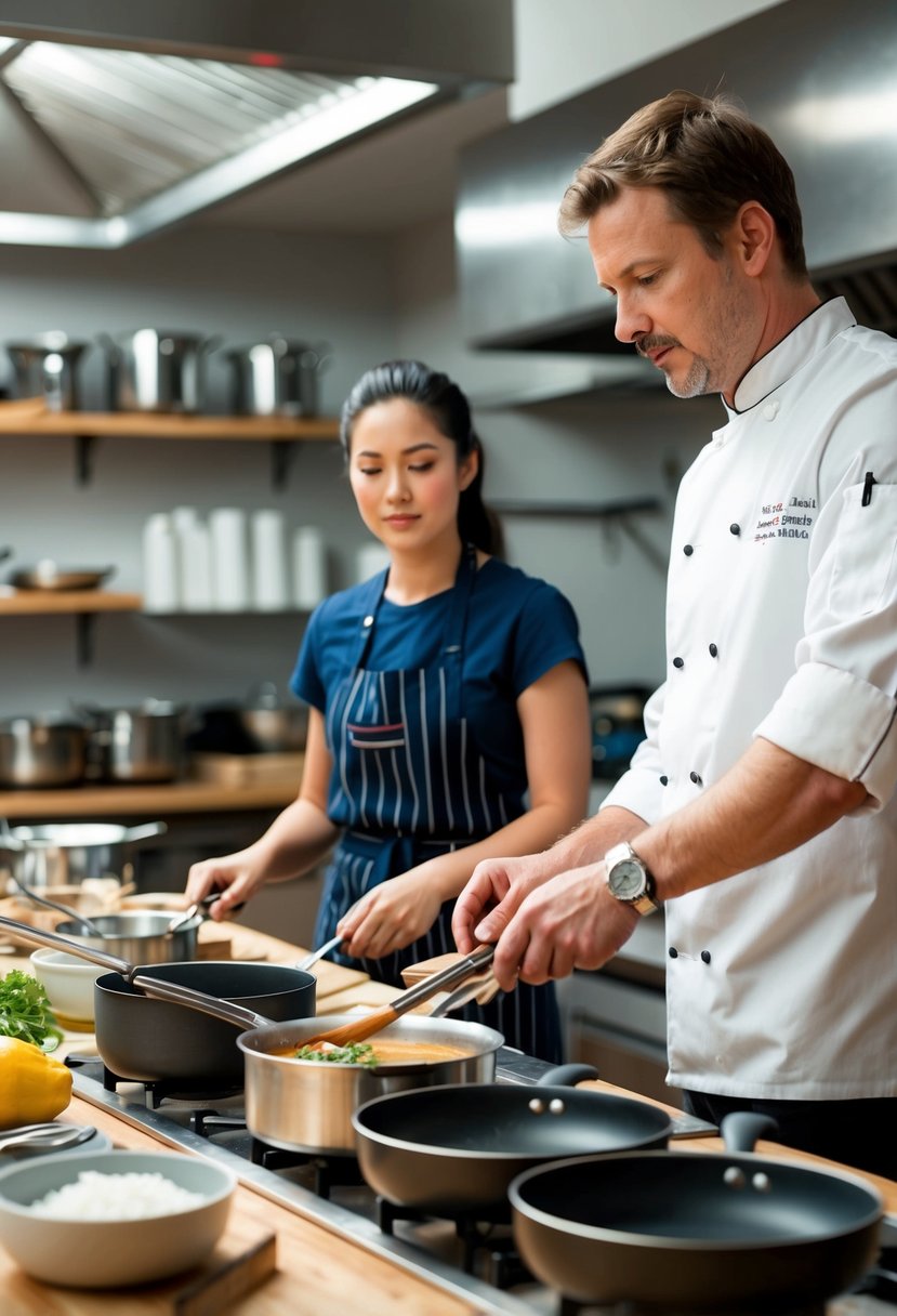 A chef and a student stand at a kitchen counter, surrounded by pots, pans, and utensils. The chef demonstrates a cooking technique as the student watches attentively