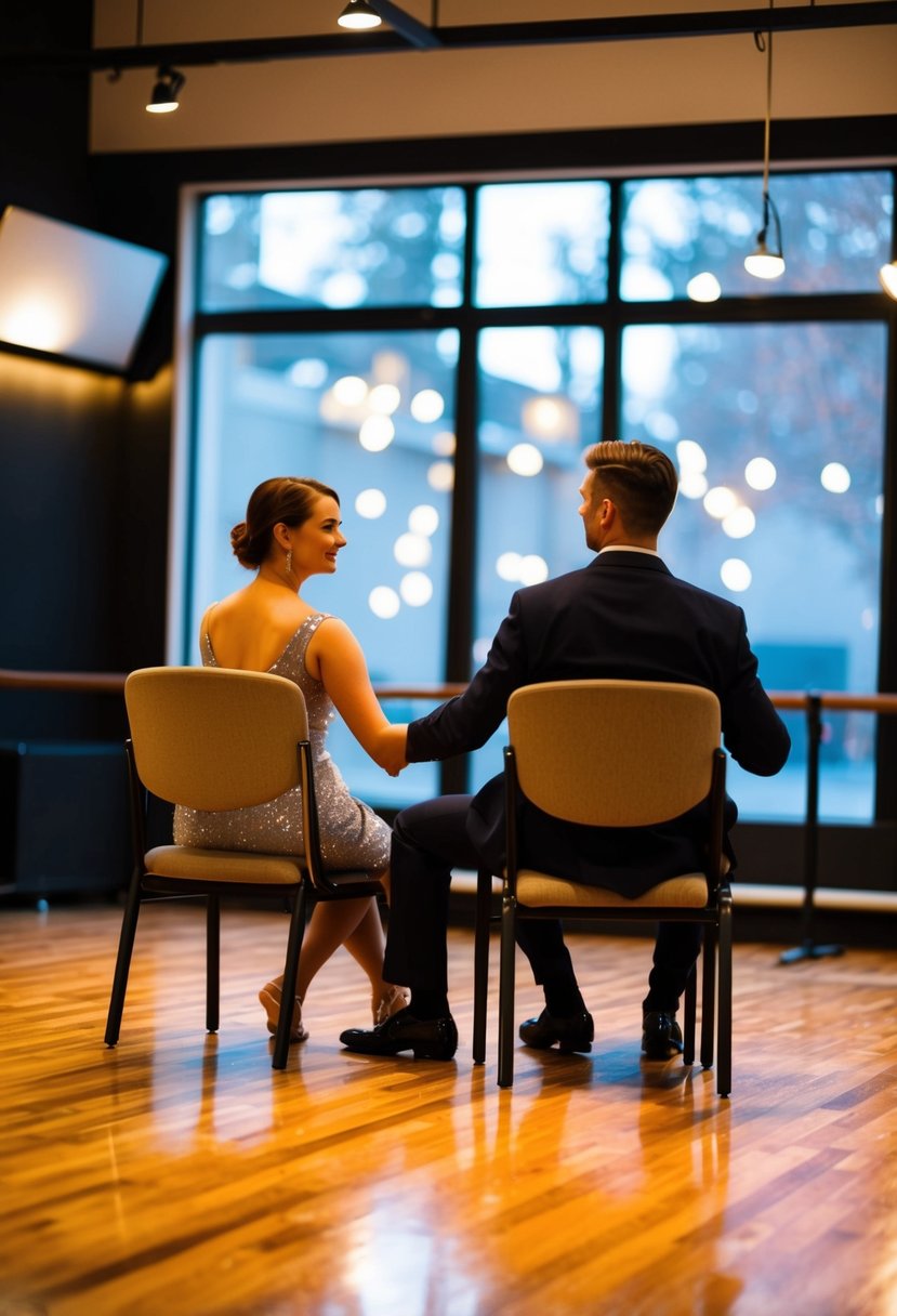 A cozy, dimly lit dance studio with a polished wooden floor, soft music playing in the background, and two chairs for the couple to sit and watch the instructor