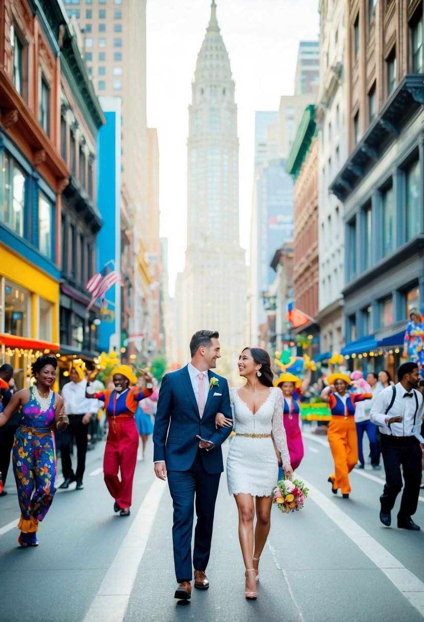 A couple strolls through a bustling city street, surrounded by towering buildings, colorful storefronts, and lively street performers. The air is filled with the sounds of laughter and music as they explore the new city for their 23rd wedding anniversary