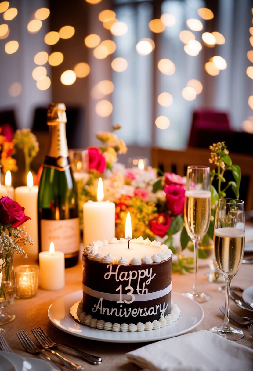 A candlelit dinner table with flowers, champagne, and a cake with "Happy 13th Anniversary" written on it