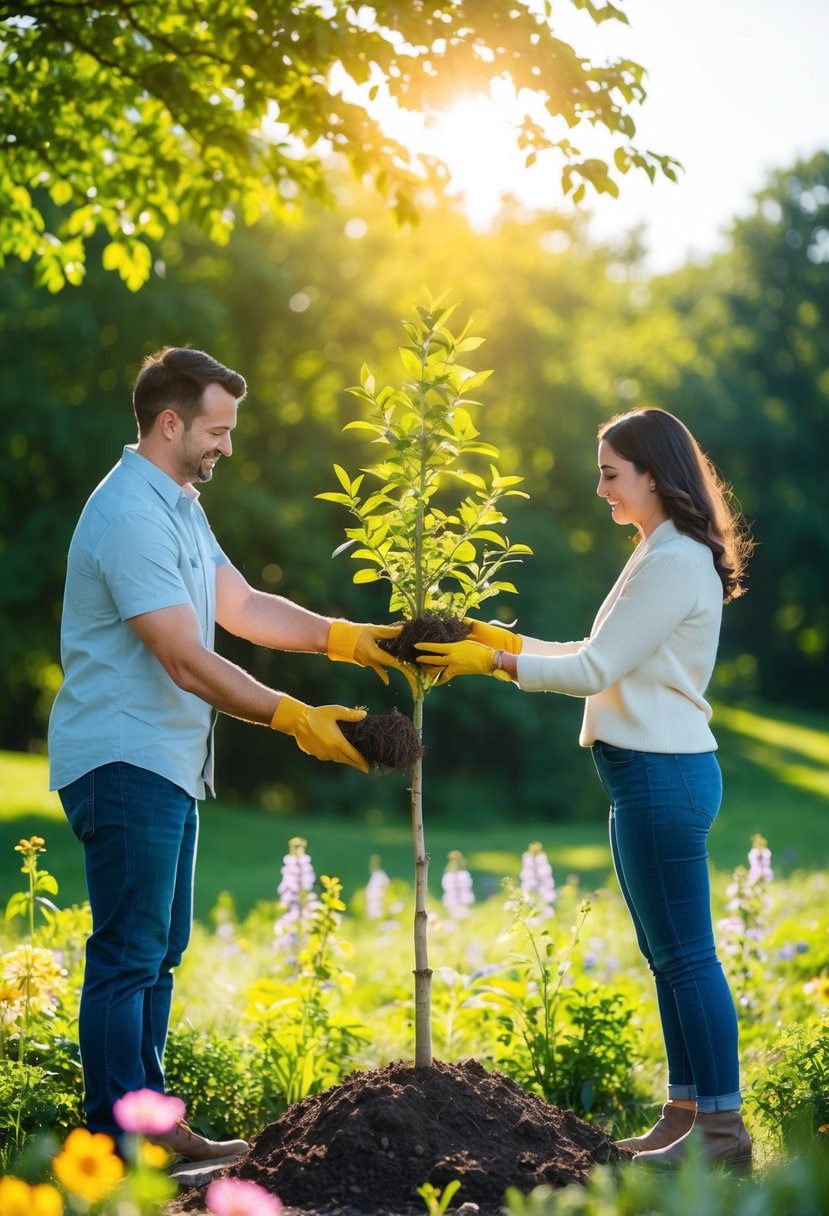 A couple planting a young tree in a sunlit clearing, surrounded by lush greenery and colorful flowers, symbolizing their growth and love over 8 years